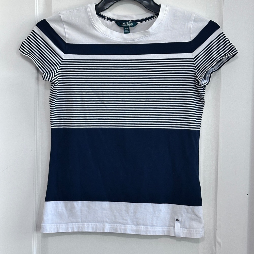 LAUREN Ralph Lauren Women Striped Navy‎ White Short Sleeve T Shirt Top S